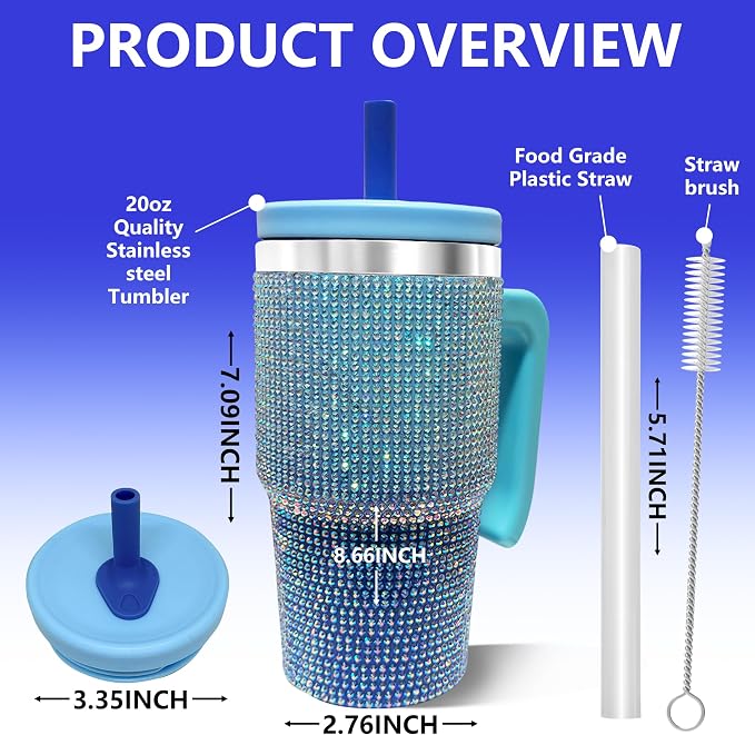 2PCS 20-OZ Insulated Water Bottle,Insulated Stainless Steel Tumbler,Reusable Cold Drink Thermos,BPA-Free, Double-Wall Stainless Steel Water Bottle (Royal Blue - Diamonds, 20, Fluid Ounces) - Image 2