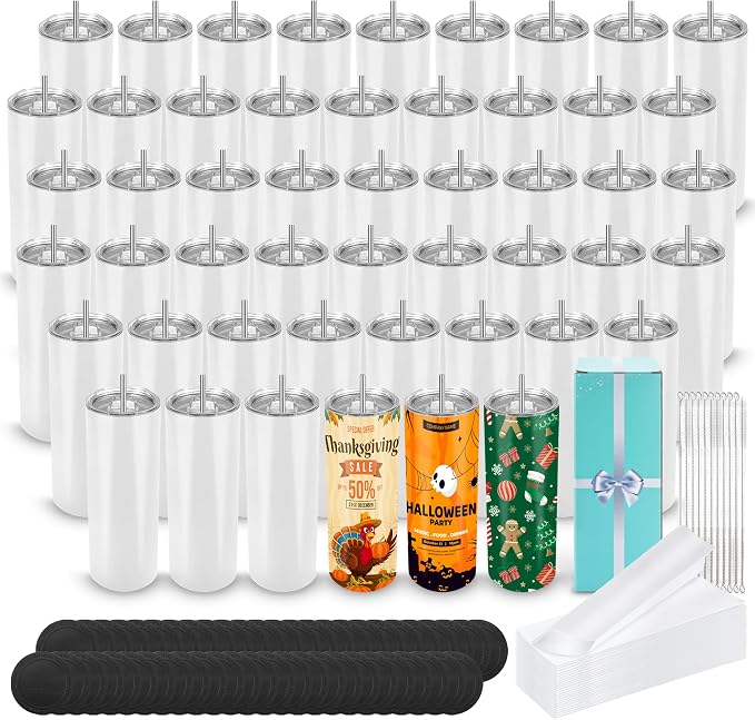 D·S 50 Pack Sublimation Tumblers 20 oz Bulk Skinny Straight Flat Bottom Blank Tumbler Cups with Individual Gift Boxed for Heat Transfer DIY Craft by D%C2%B7STUMBLER
