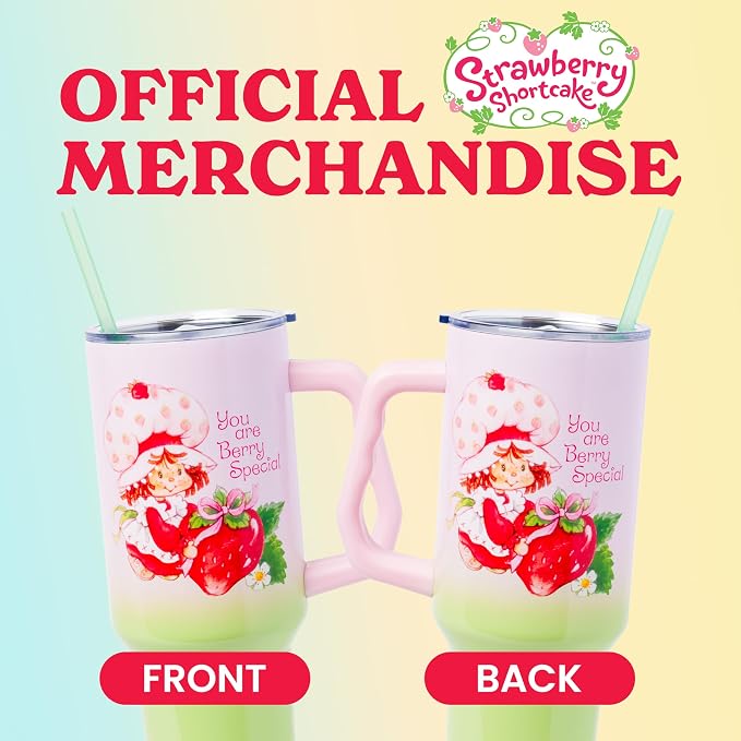Silver Buffalo Strawberry Shortcake You Are Berry Special Vintage Pink and Green Ombre Double Walled Stainless Steel Tumbler with Handle and Straw, Fits in Standard Cup Holder, 40 Ounces - Image 5