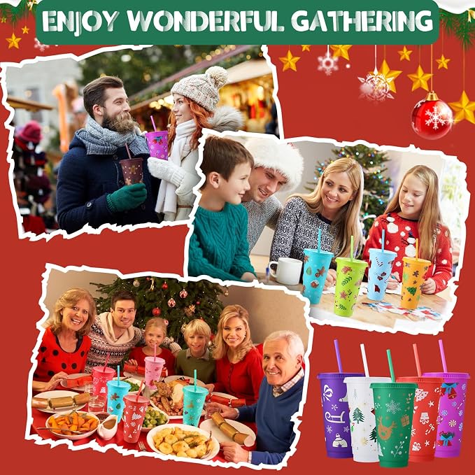 Honeydak 30 Pcs 24 oz Christmas Cups Gifts Bulk Christmas Tumbler with Straw and Lid Elk Xmas Reusable Plastic Coffee Cup Winter Water Bottle Iced Travel Mug for Holiday Party Birthdays - Image 6