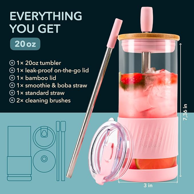 Pandaloo® Glass Cups With Lids and Straws -20 Fl Oz- Perfect Size Iced Coffee Cup - Smoothie Cup With Bamboo Lid and On the go Lid - Glass Tumbler With Straw (1 Count (Pack of 1), Tender Pink) - Image 2
