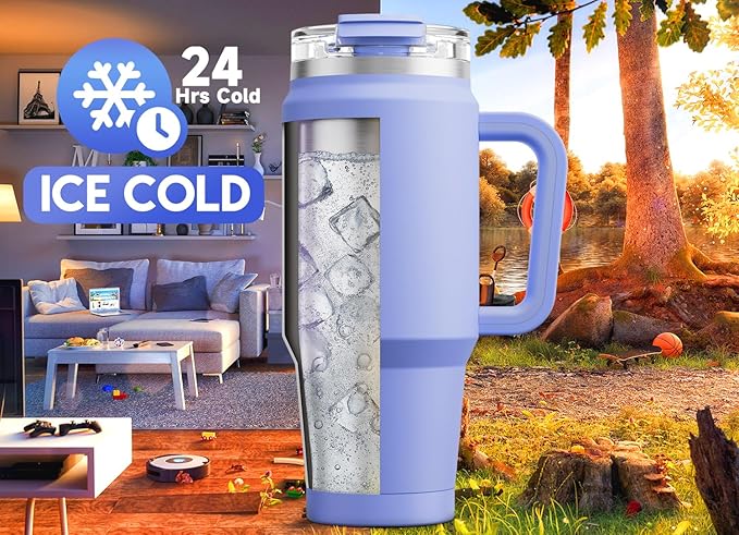 Meoky 32 oz Tumbler with Handle, Insulated Tumbler with Lid and Straw, Stainless Steel Travel Mug, Keeps Cold for 24 Hours, 100% Leak Proof, Fits in Car Cup Holder (Lilac) - Image 2