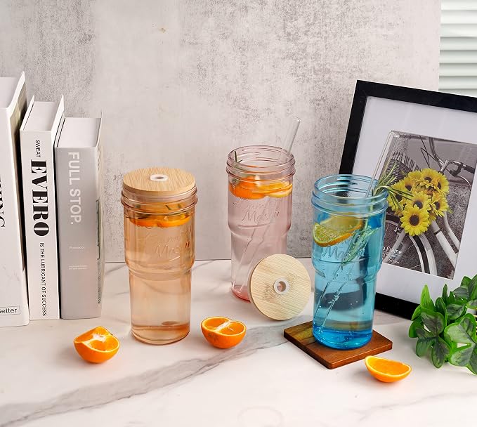 ANOTION Colored Glass Cups with Lids and Straws - 24oz Travel Coffee Mug Wide Mouth Mason Jar Iced Coffee Cup Smoothie Cup Glass Tumbler Tea Cup Clear Cute Water Cups Colorful Drinking Glasses - Image 4