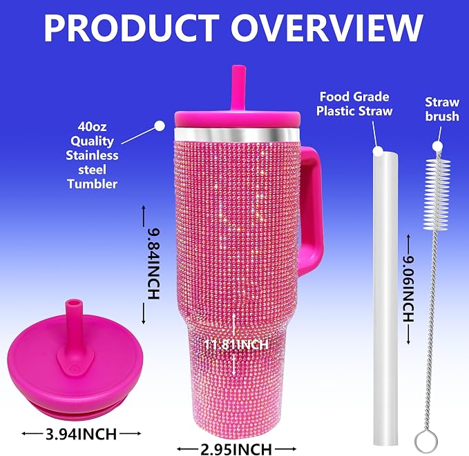 40-OZ Insulated Water Bottle,Insulated Stainless Steel Tumbler,Reusable Cold Drink Thermos,BPA-Free, Double-Wall Stainless Steel Water Bottle (Rose Red-Diamond, 40, Fluid Ounces) - Image 2