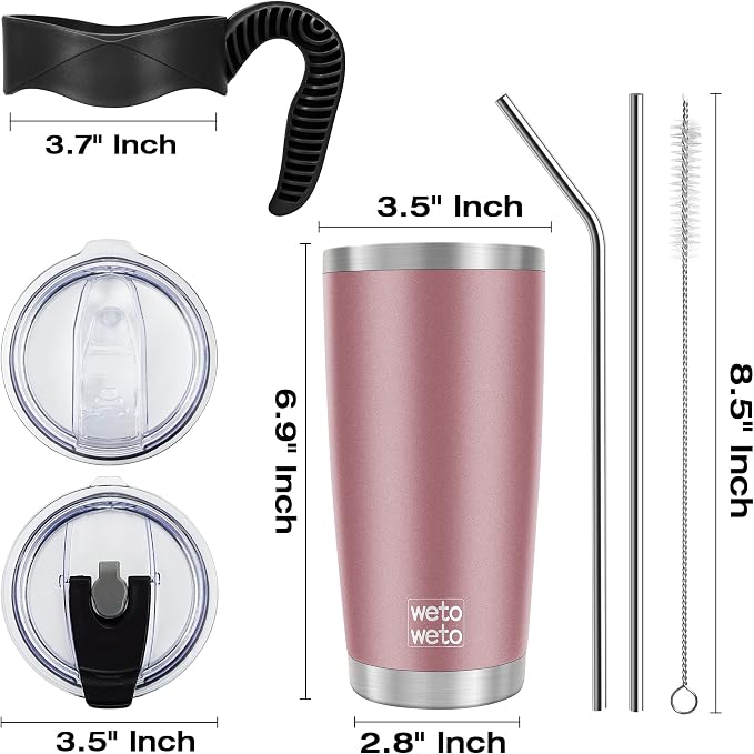 WETOWETO 20oz Insulated Stainless Steel Tumbler with Handle, Coffee Mug with 2 lids and 2 straws, Double Wall Vacuum Travel Coffee Mug, Powder Coated Tumbler Cup (Rose Gold,1) - Image 3