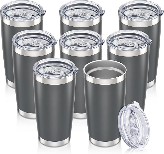 20 oz Tumbler with Lid Stainless Steel Insulated Tumblers Bulk Double Wall Vacuum Cups Powder Coated Travel Mug Keep Drink Cold and Hot, Grey, 8 Pack by Orebigo