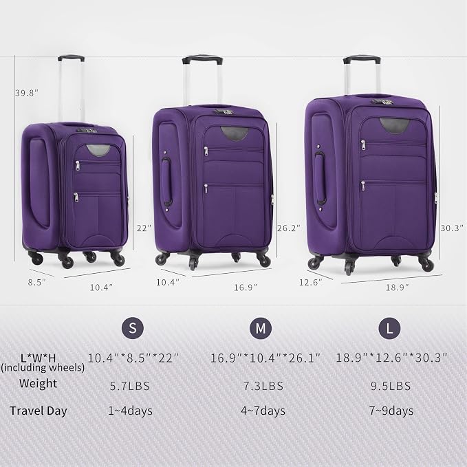 Merax Softside Luggage Set Softshell Lightweight 3 Piece Spinner Suitcase 22" - Image 7