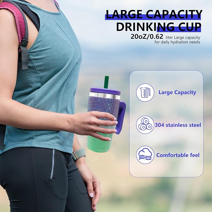 2PCS 20-OZ Insulated Water Bottle,Insulated Stainless Steel Tumbler,Reusable Cold Drink Thermos,BPA-Free, Double-Wall Stainless Steel Water Bottle (Purple Green Gradient-Diamonds, 20, Fluid Ounces) - Image 4