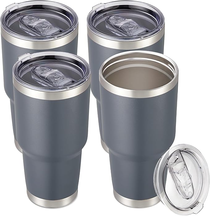 30 oz Tumbler with Lid Stainless Steel Tumblers Bulk Vacuum Insulated Cup Reusable Powder Coated Travel Mug Double Wall Leak Proof Cups Keep Cold Drinks for 12 Hours Gray, Set of 4 by CoolYoleb
