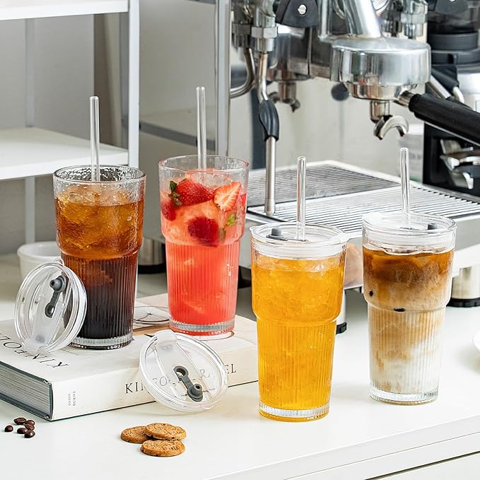 SoulTimes 20oz Glass Tumblers with Lids and Straws, Set of 2 - Stylish Ribbed Design Drinking Glasses for Iced Coffee Cups, Juice, Smoothies, Cold Beverages, Includes Cleaning Brush, Durable Glassware - Image 2