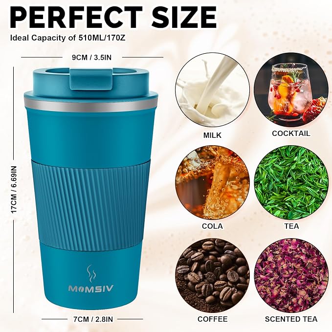 MOMSIV 17oz Travel Mug, Insulated Coffee Cup with Leakproof Lid, Vacuum Stainless Steel Double Walled Reusable Tumbler for Hot and Cold Water Coffee and Tea In Travel and Car - Image 2