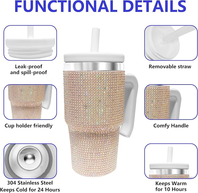2PCS 20-OZ Insulated Water Bottle,Insulated Stainless Steel Tumbler,Reusable Cold Drink Thermos,BPA-Free, Double-Wall Stainless Steel Water Bottle (White-Diamonds, 20, Fluid Ounces) - Image 3