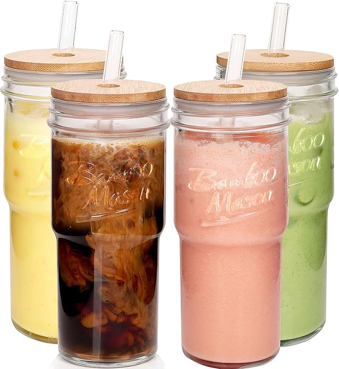 ANOTION Glass Cups with Lids and Straws 4 Packs, 24oz Travel Coffee Mug Bamboo Mason Jar Valentines Party Drinking Jars Glasses Cute Clear Glass Tumbler for Iced Coffee, Smoothie, Tea, Water by ANOTION