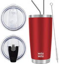 WETOWETO 20oz Tumbler with 2 lids and 2 straws, Stainless Steel Vacuum Insulated Water Coffee Tumbler Cup, Double Wall Powder Coated Leak-proof Travel Mug (Red, 1 Pack) by Wetoweto