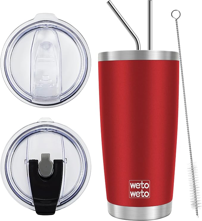 WETOWETO 20oz Tumbler with 2 lids and 2 straws, Stainless Steel Vacuum Insulated Water Coffee Tumbler Cup, Double Wall Powder Coated Leak-proof Travel Mug (Red, 1 Pack) by Wetoweto