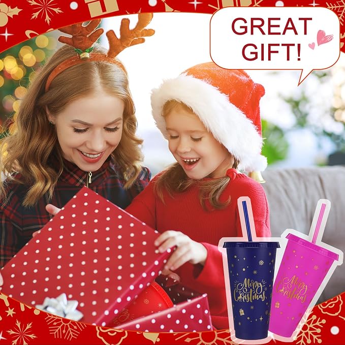 Honeydak 50 Pcs 24oz Christmas Cup Tumbler with Straw and Lid, Bulk Christmas Gifts, Holiday Reusable Plastic Cups, Water Bottle, Iced Coffee Travel Mug Cup for Party - Image 5