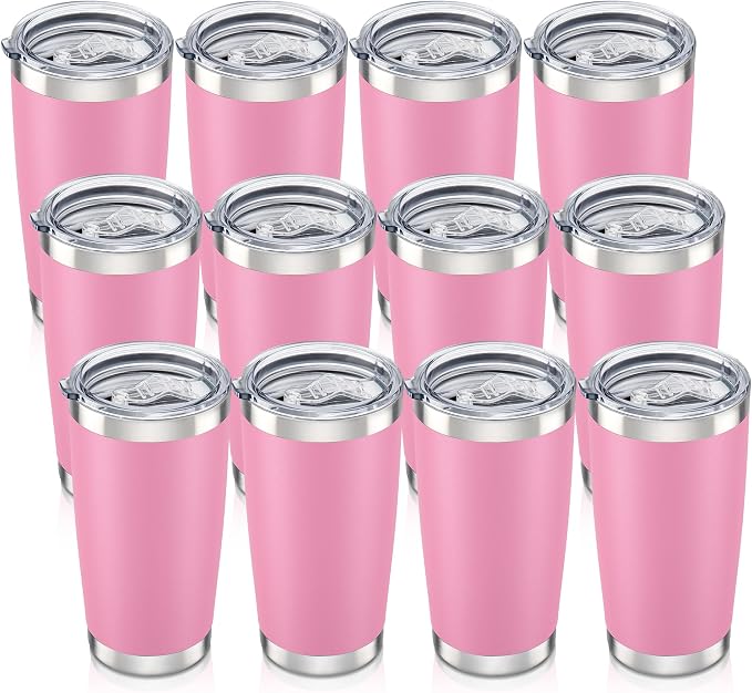 20 oz Tumbler with Lid Stainless Steel Insulated Tumblers Bulk Double Wall Vacuum Cups Powder Coated Travel Mug Keep Drinks Cold and Hot, Pink, 12 Pack by Orebigo