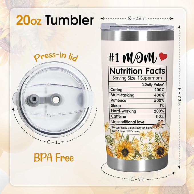 TEEZWONDER Mothers Day Gifts for Mom from Daughter Son - #1 Nutrition Facts Sunflower Stainless Steel Insulated Coffee Tumbler with Lid 20 oz - Birthday Gifts for Mama Grandma Women - Image 2