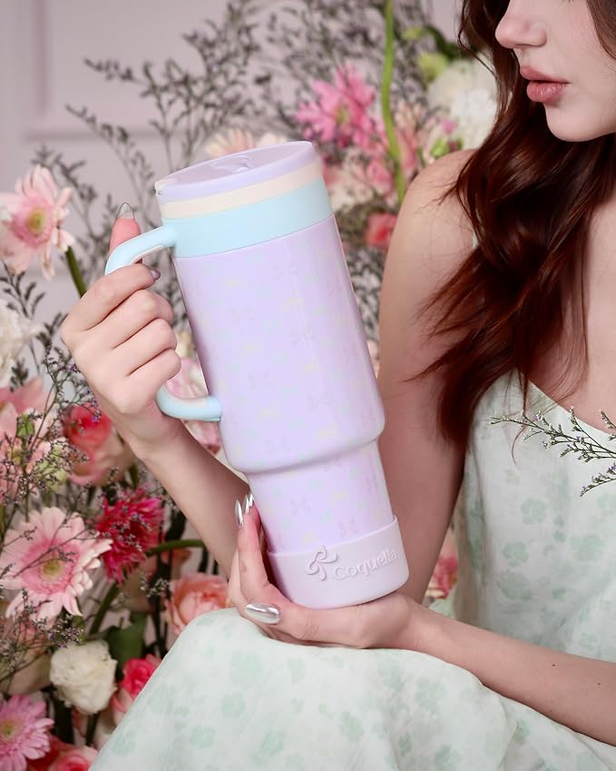 40 oz Insulated Tumbler with Handle and Push-Button Straw Lid, Stainless Steel Travel Cup for Gym Office, Leakproof, BPA-Free, Cup Holder Friendly, Bow Silicone Boot, Purple (Bow Lilac) - Image 7