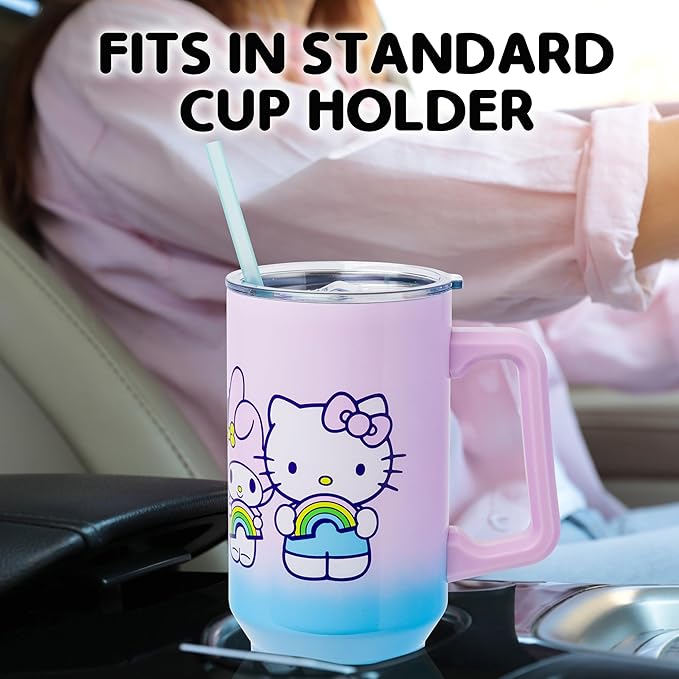 Silver Buffalo Sanrio Hello Kitty and Friends Featuring My Melody, Kuromi, Pompompurin Rainbow Ombre Double Walled Stainless Steel Tumbler with Handle and Straw, Fits in Standard Cup Holder, 40 Ounces - Image 5