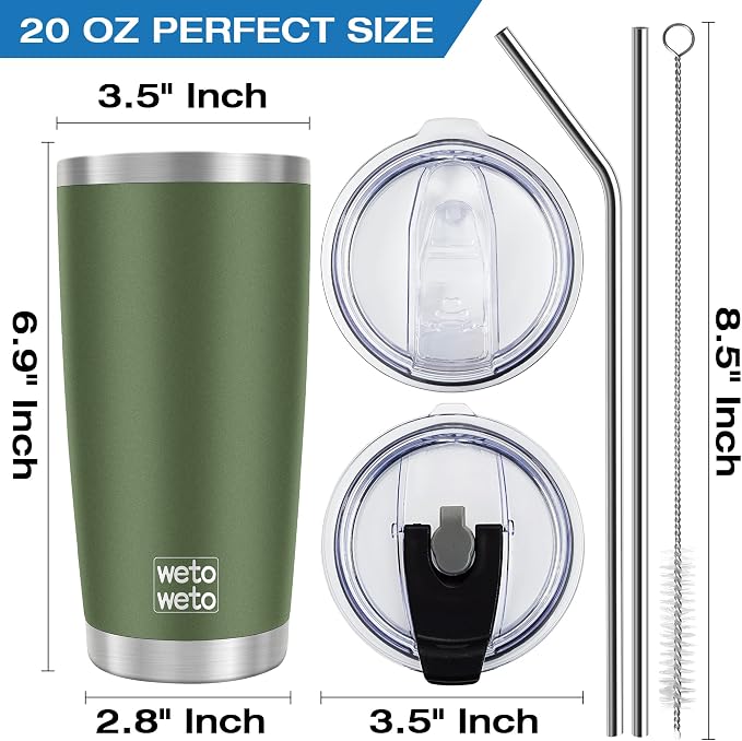 WETOWETO 20oz Insulated Stainless Steel Tumbler, Coffee Tumbler with 2 Lids and 2 Straws, Double Wall Vacuum Travel Coffee Mug, Powder Coated Leak-Proof Cup for Travel (Army Green, 1 Pack) - Image 3