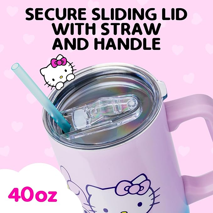 Silver Buffalo Sanrio Hello Kitty and Friends Featuring My Melody, Kuromi, Pompompurin Rainbow Ombre Double Walled Stainless Steel Tumbler with Handle and Straw, Fits in Standard Cup Holder, 40 Ounces - Image 4