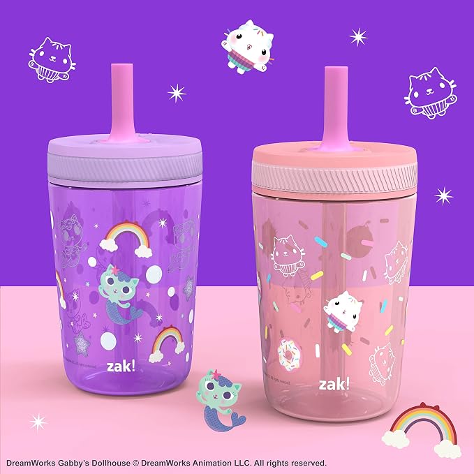 Zak Designs Gabby's Dollhouse Kelso Toddler Cups For Travel or At Home, 15oz 2-Pack Durable Plastic Sippy Cups With Leak-Proof Design is Perfect For Kids Cakey Cat, Mercat - Image 2