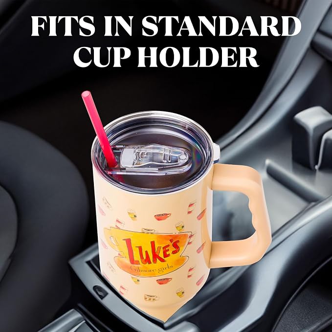 Silver Buffalo Gilmore Girls Luke's Diner Double Walled Stainless Steel Tumbler with Handle and Straw, Fits in Standard Cup Holder, 40 Ounces - Image 6