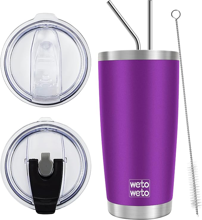 WETOWETO 20oz Tumbler with 2 lids and 2 straws, Stainless Steel Vacuum Insulated Water Coffee Tumbler Cup, Double Wall Powder Coated Spill-Proof Travel Mug Thermal Cup (Purple, 1 Pack) by Wetoweto