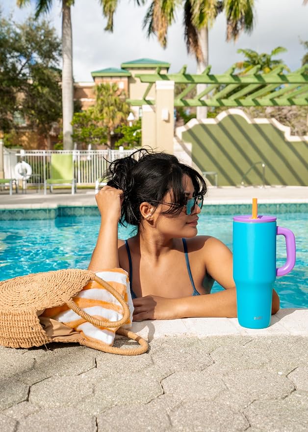 Zak Designs Sutton Travel Tumbler for On the Go, 40oz Stainless Steel with Vacuum Insulation, Silicone Straw, and Carry Handle for Cold Drinks (Turquoise) - Image 9