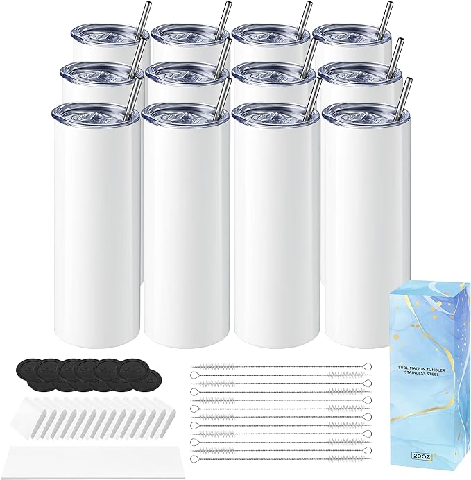Hiipoo 12 Pack Sublimation Tumblers Blank 20 oz Straight Skinny with Sublimation Papers, Lids and Straws, Shrink Wrap Films, Stainless Steel Double Wall Insulated Tumbler for Mug Press Machine by Hiipoo