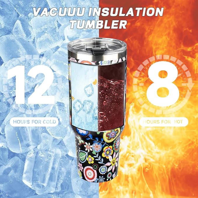 40 oz Tumbler with Lids and Straws, Stainless Steel Insulated Coffee Tumbler, Double Wall Vacuum Insulated Travel Mug Cup, Leakproof Thermal Coffee Cup for Hot and Cold Drinks (Flower) - Image 4