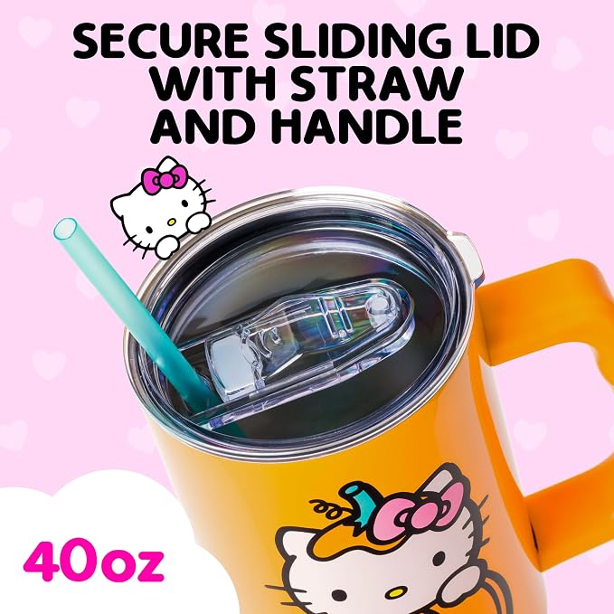 Silver Buffalo Sanrio Hello Kitty Halloween Jack-O-Lantern Double Walled Stainless Steel Tumbler with Handle and Straw, Fits in Standard Cup Holder, 40 Ounces - Image 3