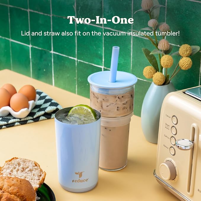 REDUCE Aspen 20 oz Vacuum Insulated Glass Tumbler with Lid & Extra Wide Straw - Keeps Drinks Cold for 12 Hrs - Ideal for Iced Coffee, Smoothies & Boba - Dishwasher Safe, Soft Base - Unbleached - Image 4