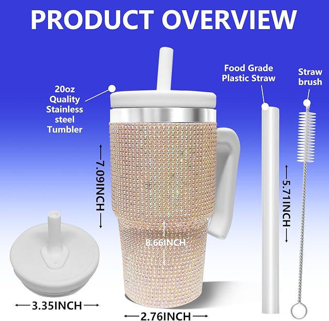 2PCS 20-OZ Insulated Water Bottle,Insulated Stainless Steel Tumbler,Reusable Cold Drink Thermos,BPA-Free, Double-Wall Stainless Steel Water Bottle (White-Diamonds, 20, Fluid Ounces) - Image 2
