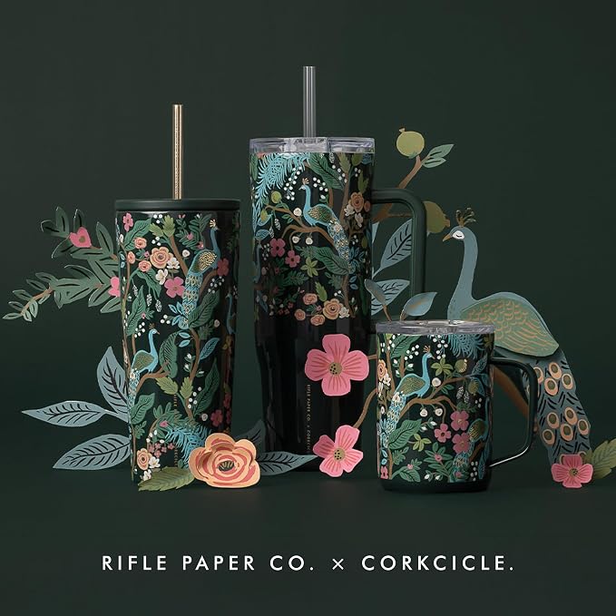 Corkcicle x Rifle Paper Co. Cruiser Insulated Tumbler with Handle & Straw - Keeps Drinks Cold 20 Hours - BPA-Free - Gift for Mom - Great for Mother's Day or Christmas - 40 oz - Peacock Blue - Image 8