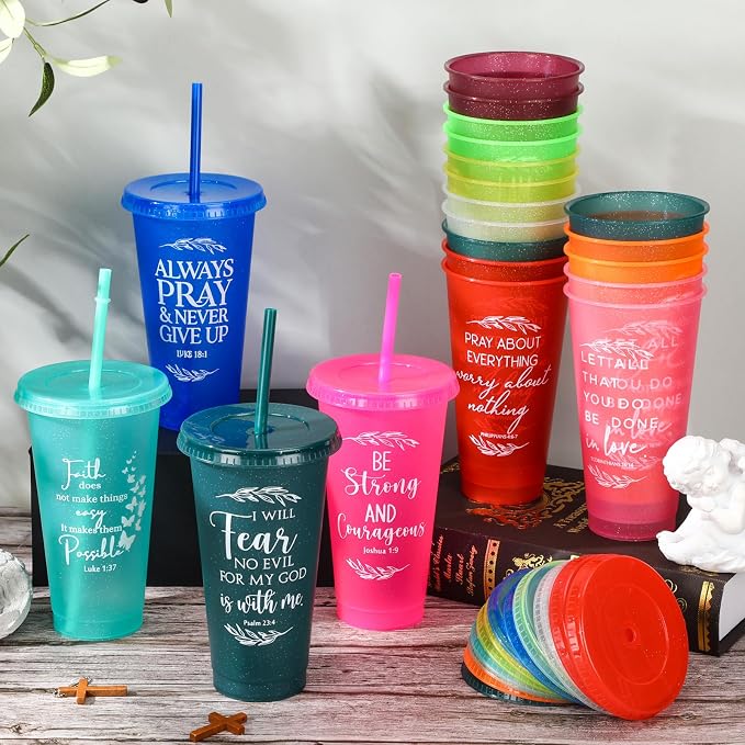 Havawish 36 Pcs Mothers Day Christian Tumbler Gift Bulk Religious Inspirational 24 oz Drinking Jesus Cup with Lid Straw Bible Verse Plastic Cup for Church Father Teacher First Communion (Colour) - Image 3