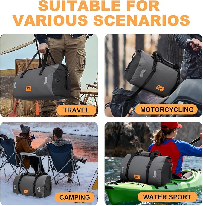 Waterproof Duffel Bag, 50L Roll-top Motorcycle Dry Bag - Image 6