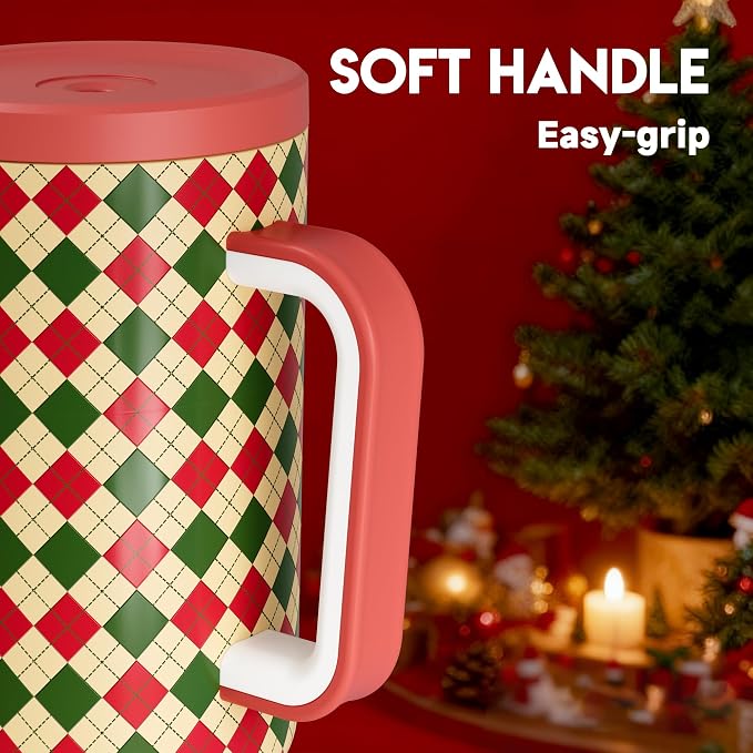 Meoky 40 oz Christmas Tumbler with Handle and Straw, Xmas Tumbler with Lid and Straw, Insulated Stainless Steel Travel Mug, Christmas Gifts for Women Men Adults (Winter Plaid) - Image 5
