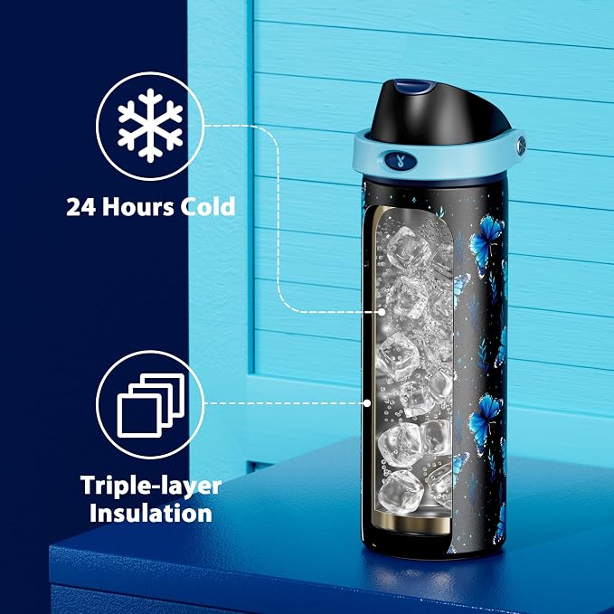 24 oz Insulated Water Bottle for Women: Meoky Glow in the Dark Water Bottle with 2-in-1 Straw and Spout Lid - Leak Proof, Cold for 24 Hours, Fits in Car Cup Holder, BPA-Free for Sports Travel, Moonlit - Image 4