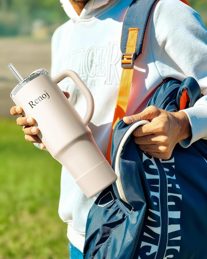 Renoj Insulated Mug 100% Spill Resistant Insulated Water Bottle for Iced Coffee & Hot Drinks - Fits Car Cup Holder, Ideal Gift, 2 Straws & Silicone Boot - FlexSlide White 40 oz - Image 5