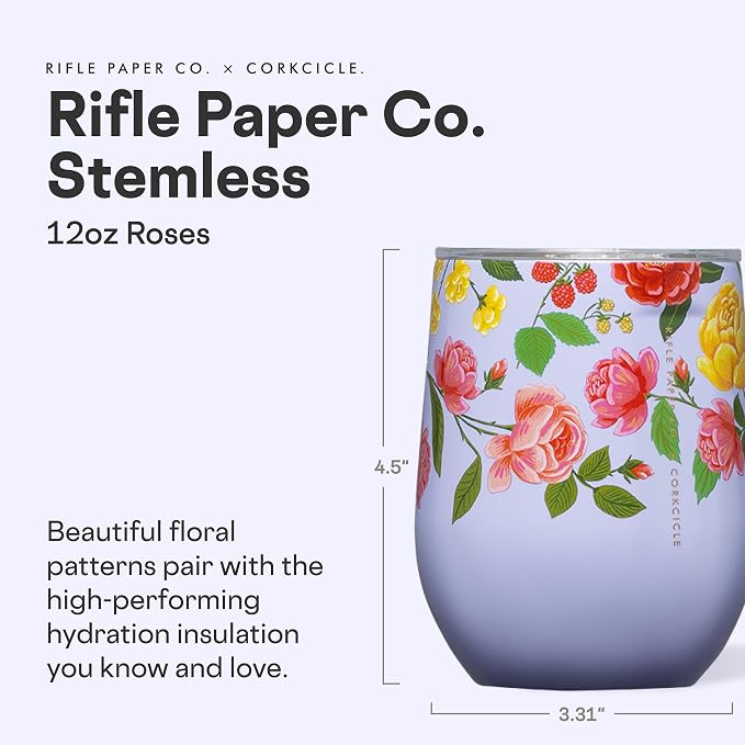 Corkcicle Stemless Insulated Wine Glass Tumbler - Keeps Beverages Cold 6 Hrs Hot 3 Hrs - Stainless Steel - Easy-Grip - Gift for Mom - Great for Mother's Day or Christmas - 12 oz - Roses Purple - Image 2