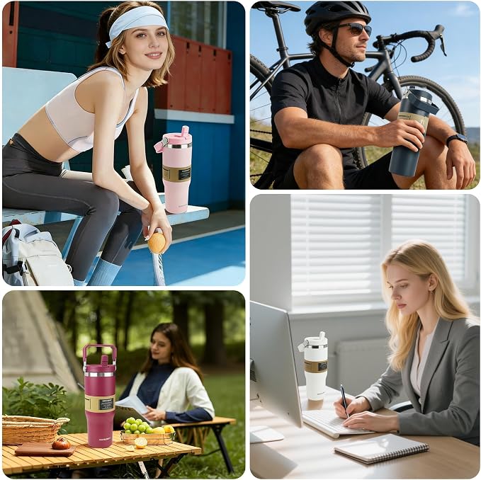 30oz Flip Straw Insulated Tumbler with Handle, Leak Proof Stainless Steel Water Bottle, Double Wall Vacuum Travel Coffee Mug for Cold Drinks, Gym Office Travel Essentials - Image 8