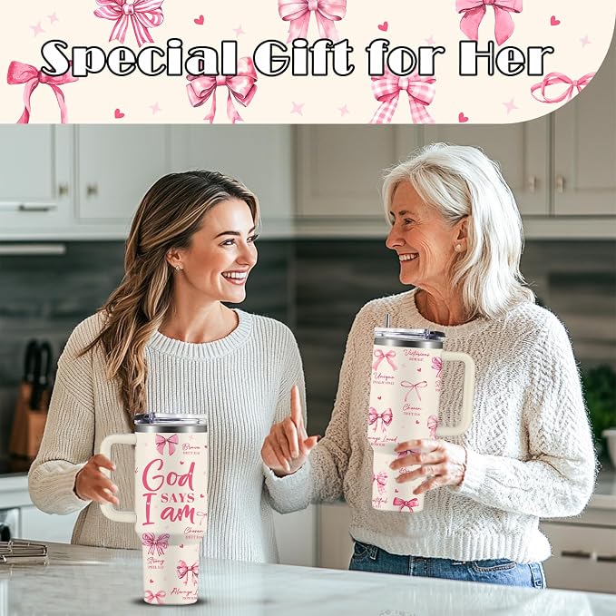 Christian Gifts for Women, 40 oz God Says I am Pink Tumbler with Handle, Inspirational Religious Birthday Gifts, Spiritual Catholic Faith Jesus Bible God Prayer Gift for Pink Bow Christian Cup - Image 2