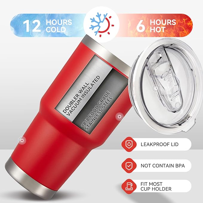 30 oz Tumbler with Lid Stainless Steel Tumblers Bulk Vacuum Insulated Cup Reusable Powder Coated Travel Mug Double Wall Leak Proof Cups Keep Cold Drinks for 12 Hours Red, Set of 8 - Image 2