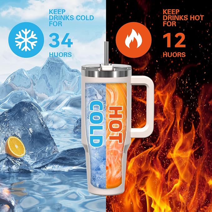 30 oz Tumbler with Handle,Tumbler with Lid and Straw,Double Wall Insulated Cup Stainless Steel Travel Mug(Cold for 34 Hours),Water Bottle for Iced Tea,Coffee,Cold Beverages(Ivory Beige) - Image 2