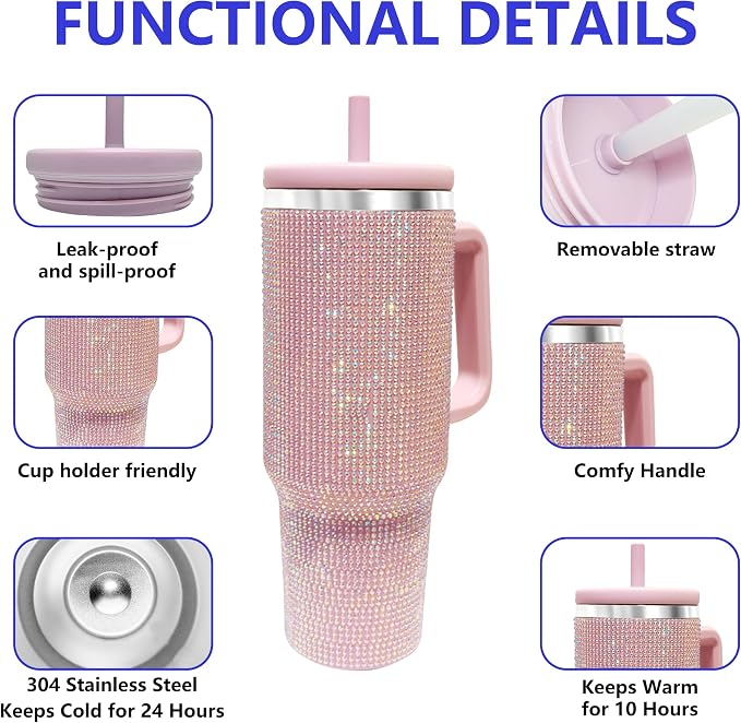 40-OZ Insulated Water Bottle,Insulated Stainless Steel Tumbler,Reusable Cold Drink Thermos,BPA-Free, Double-Wall Stainless Steel Water Bottle (Lilac Purple-Diamond, 40, Fluid Ounces) - Image 3