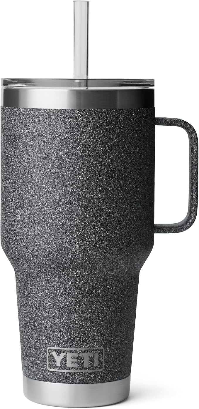 YETI Rambler 35 oz Tumbler with Handle and Straw Lid, Travel Mug Water Tumbler, Vacuum Insulated Cup with Handle, Stainless Steel, Black Stone by YETI