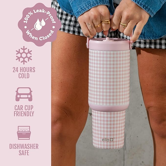 Ello Oasis Go+ 32oz Tumbler with Top Handle and Retracting Straw | Reusable Insulated Stainless Steel Cup, 100% Leakproof Water Bottle, 24 Hours Cold, Cup Holder Friendly For Travel | Pink Gingham - Image 4