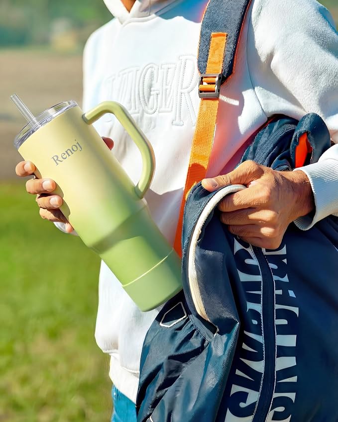 Renoj Insulated Mug 100% Spill Resistant Insulated Water Bottle for Iced Coffee & Hot Drinks - Fits Car Cup Holder, Ideal Gift, 2 Straws & Silicone Boot - FlexSlide Green Gradient 32 oz - Image 3